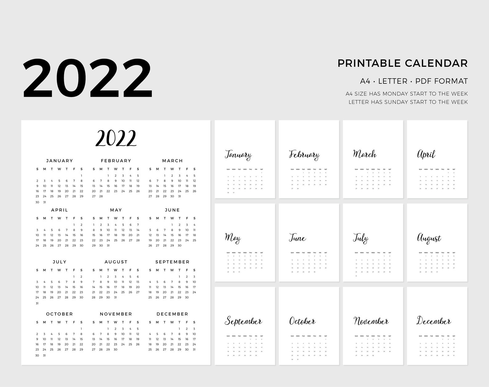 2022 printable calendar a4 letter size minimal modern etsy