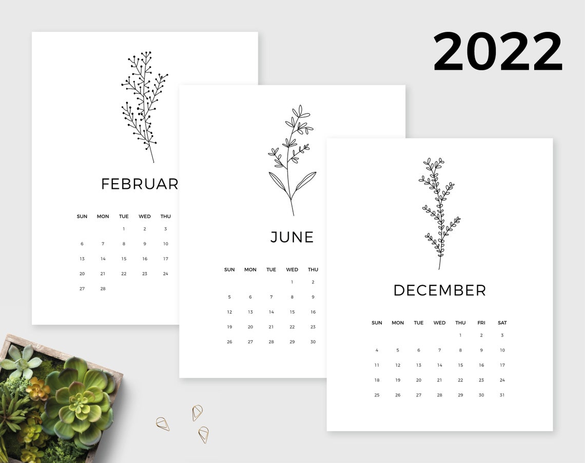2022 printable calendar a4 letter size minimalist florals etsy