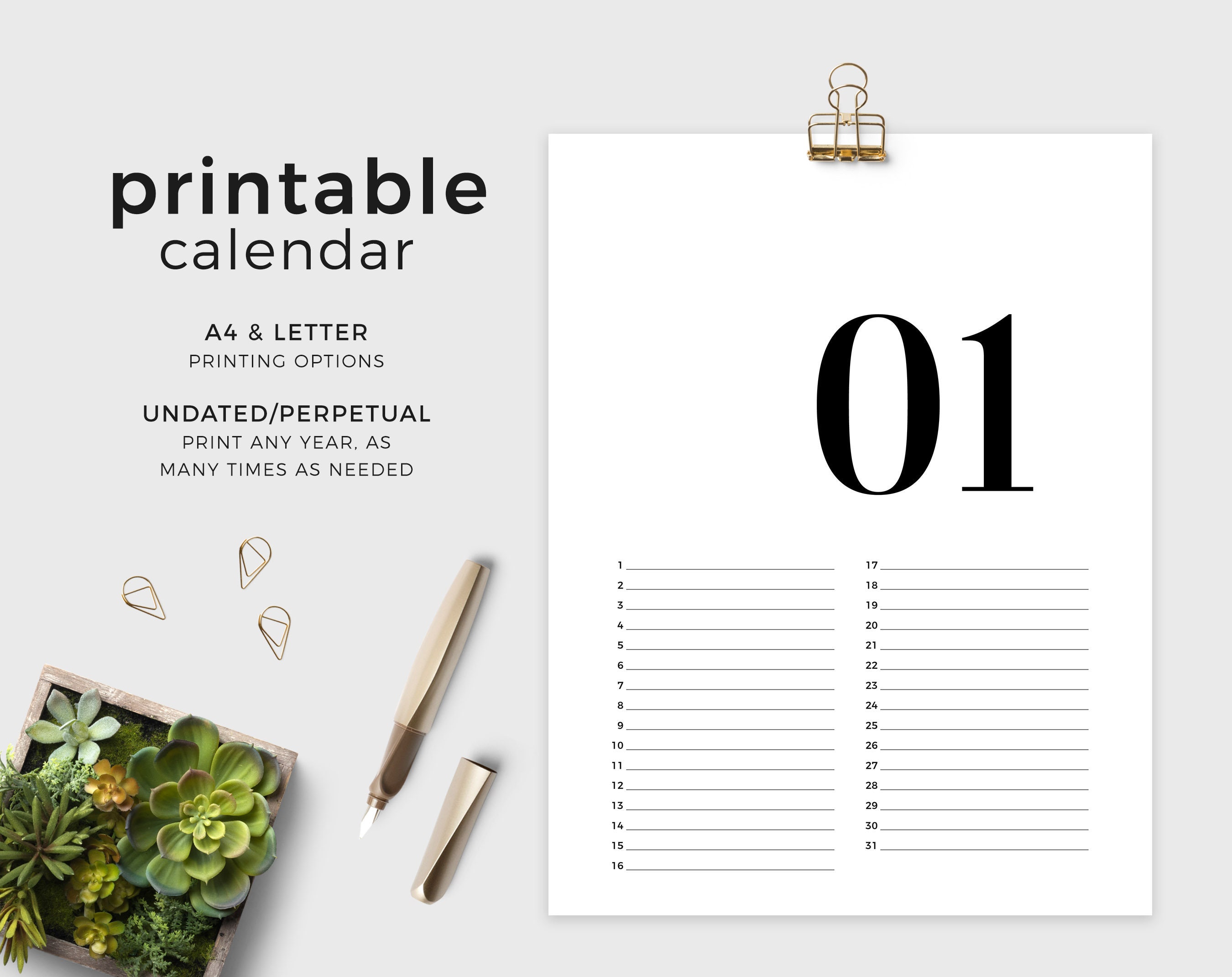 Calendars & Planners Instant Download A4 & Letter size Modern Printable ...