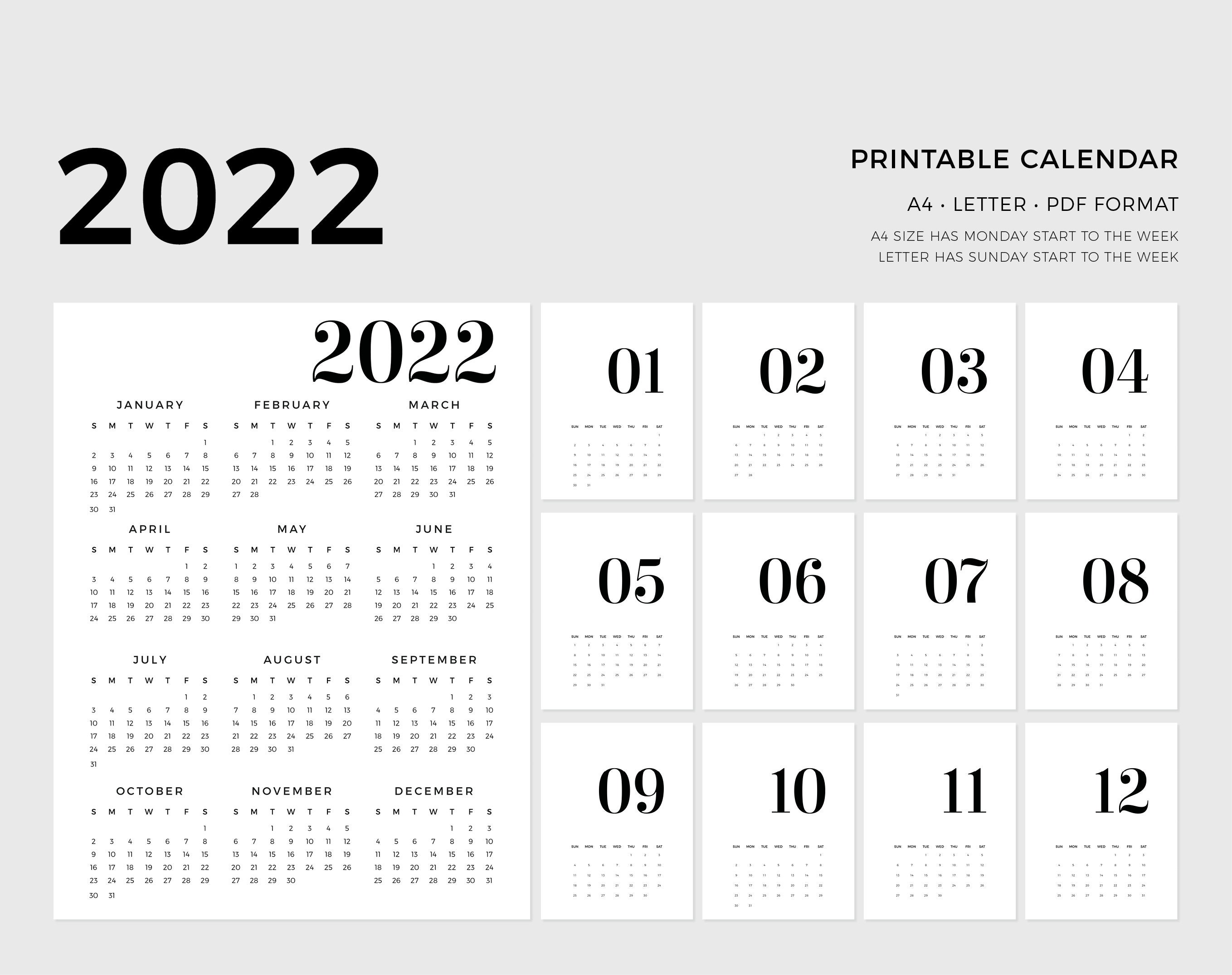 2022 printable calendar a4 letter size minimal modern etsy