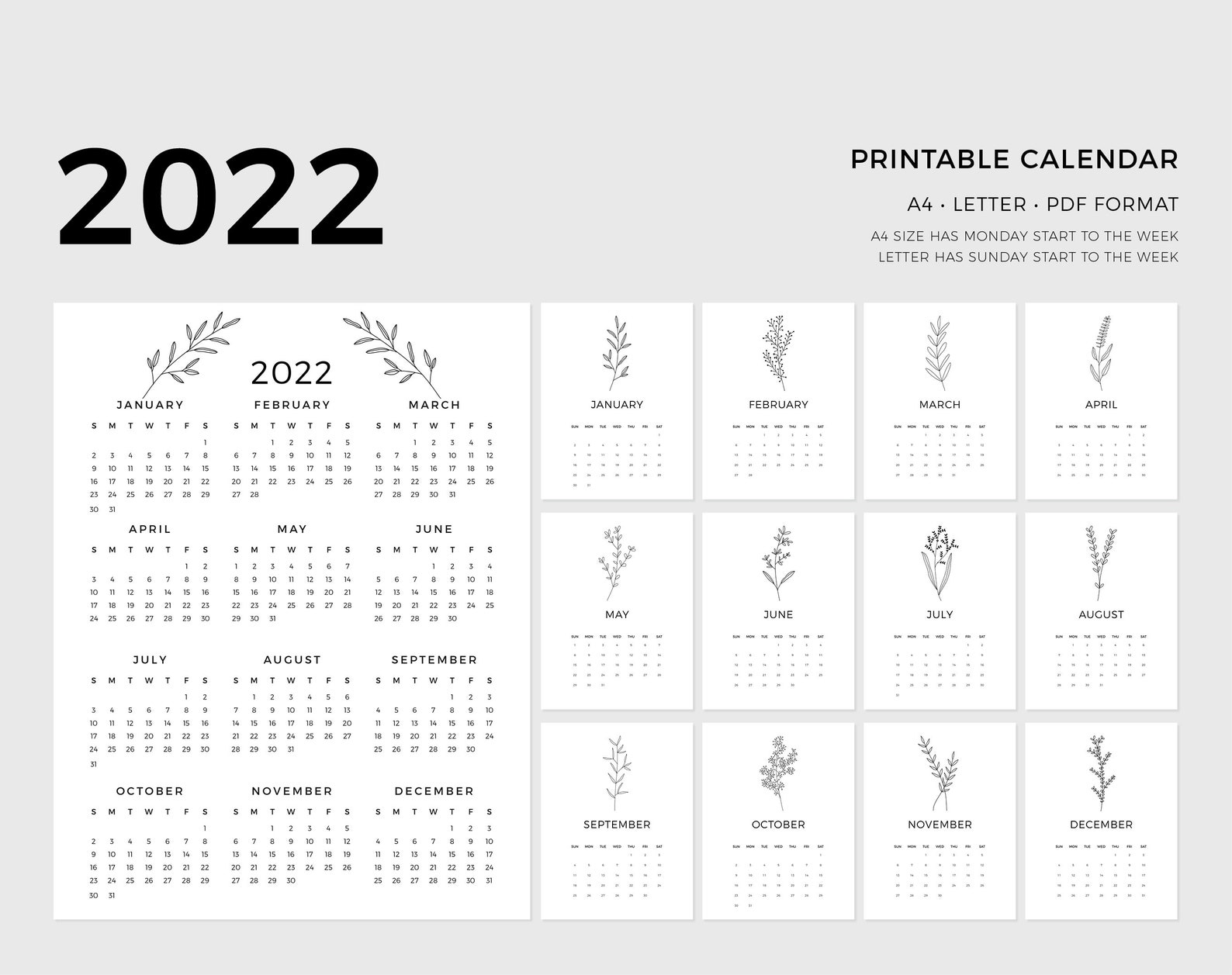 2022 printable calendar a4 letter size minimalist