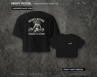 Heavy Ritual Medusa Boxy Crop Top: Heavyweight Graphic Cropped Gym Tee, Oversized Streetwear Shirt, Dark Aesthetic Pump Cover, Goth Workout