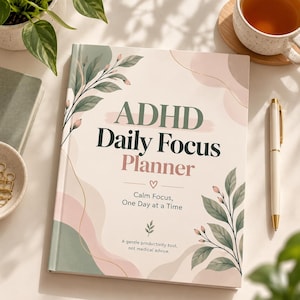 Könnte beinhalten: Ein Planer mit festem Einband in Cremefarben, verziert mit grünen Blattillustrationen, rosa abstrakten Formen und dem Text ADHD Daily Focus Planner, Calm Focus, One Day at a Time, sowie A gentle productivity tool, not medical advice.