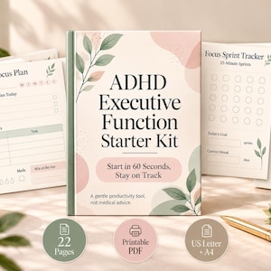 May include: A planner titled ADHD Executive Function Starter Kit with a soft pink and green leaf design. It includes pages for a Daily Focus Plan, Focus Sprint Tracker, and Reward Points Tracker. The set features 22 pages in US Letter and A4 sizes.