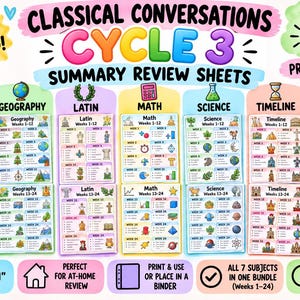 Peut inclure: Un ensemble de fiches de révision sommaires Classical Conversations Cycle 3 pour les semaines 1 à 24, couvrant sept matières : anglais, géographie, latin, mathématiques, sciences, chronologie et histoire. Le PDF imprimable inclut des icônes colorées.