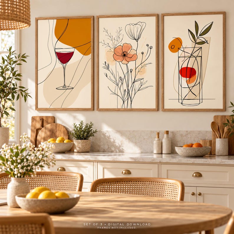 Line Drawing Abstract Poppy Kitchen Wall Art Set of 3, Poppy Flower and Wine Glass Wall Art Prints ...