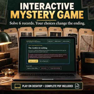 May include: An interactive mystery game displayed on a laptop screen with the title The Catalogue of Unlived Hours. The screen shows text about a shift in a building and options to begin a new shift. The game includes six records and a PDF.