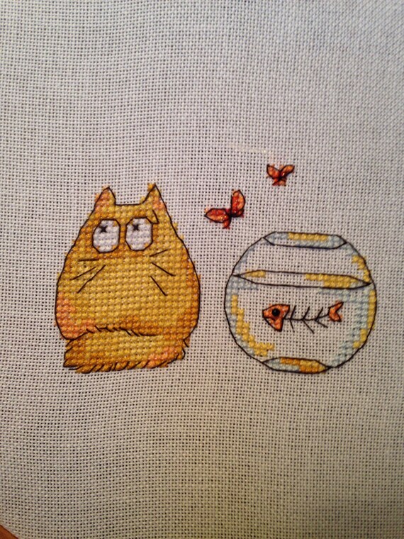Cute completed cat cross stitch | Etsy