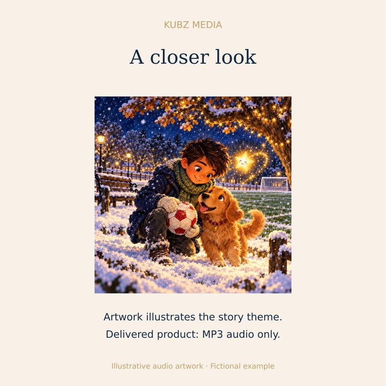 May include: Digital artwork titled KUBZ MEDIA A closer look featuring a child in a blue coat and green scarf kneeling in snow with a golden puppy and a soccer ball under a glowing star and tree lights. Text reads Artwork illustrates the story theme. Delivered product: MP3 audio only. Illustrative audio artwork Fictional example.
