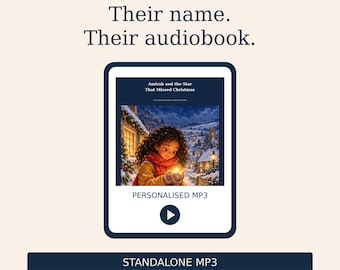 May include: A digital display featuring the text KUBZ MEDIA, Their name. Their audiobook., and STANDALONE MP3. The central graphic shows a child holding a glowing star in a snowy village, titled Amirah and the Star That Missed Christmas, labeled PERSONALISED MP3.
