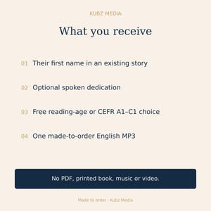 May include: A digital information graphic from Kubz Media titled What you receive, listing four items: their first name in an existing story, optional spoken dedication, free reading-age or CEFR A1-C1 choice, and one made-to-order English MP3.