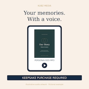 May include: A digital graphic featuring the text KUBZ MEDIA, Your memories. With a voice. A dark green rectangular frame displays the text Our Story, Emma & James, and a play button icon. Below the frame, the text reads PERSONALISED MP3.