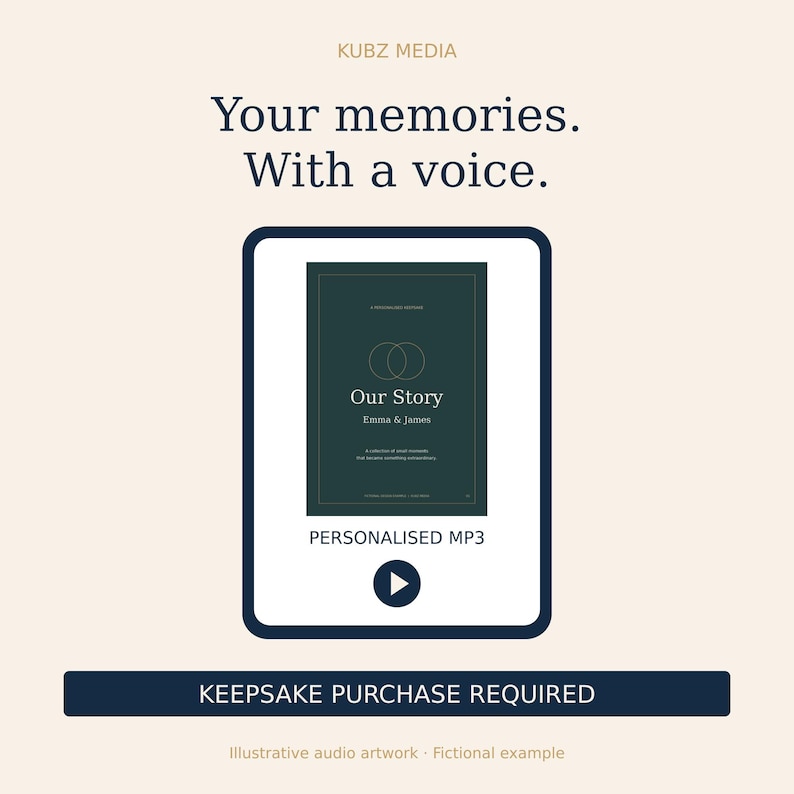 May include: A digital graphic featuring the text KUBZ MEDIA, Your memories. With a voice. A dark green rectangular frame displays the text Our Story, Emma & James, and a play button icon. Below the frame, the text reads PERSONALISED MP3.
