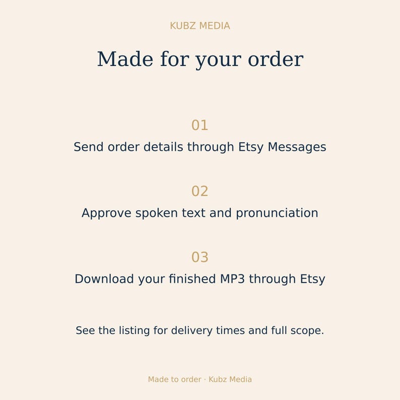 May include: A light beige informational graphic from Kubz Media titled Made for your order. It lists three steps: 01 Send order details through Etsy Messages, 02 Approve spoken text and pronunciation, 03 Download your finished MP3 through Etsy.