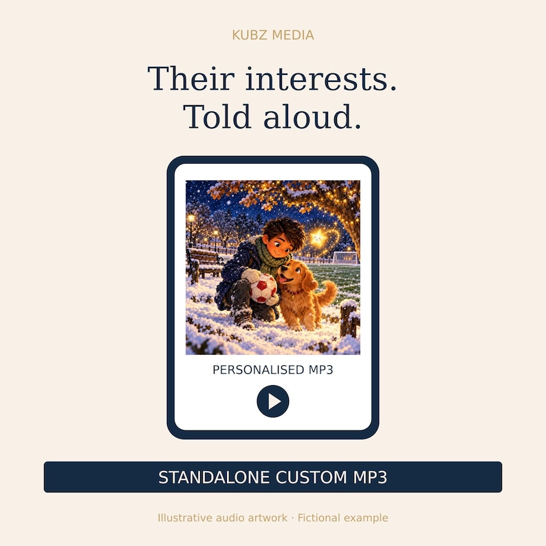 May include: A digital graphic featuring the text KUBZ MEDIA, Their interests. Told aloud., PERSONALISED MP3, and STANDALONE CUSTOM MP3. The central image shows a child with a soccer ball and a golden puppy in a snowy park at night.