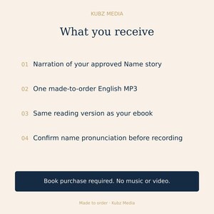 May include: A light-colored informational graphic titled KUBZ MEDIA What you receive. It lists four numbered points: Narration of your approved Name story, One made-to-order English MP3, Same reading version as your ebook, and Confirm name pronunciation before recording. A dark blue button states Book purchase required. No music or video.
