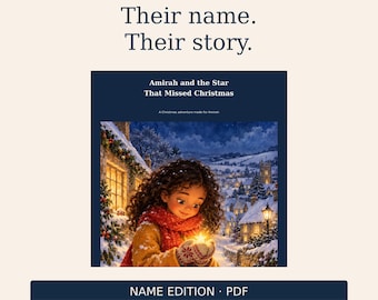 May include: A digital book cover titled Amirah and the Star That Missed Christmas by Kubz Media. The illustration features a child with curly hair wearing a red scarf and patterned mittens, holding a glowing star in a snowy village setting.