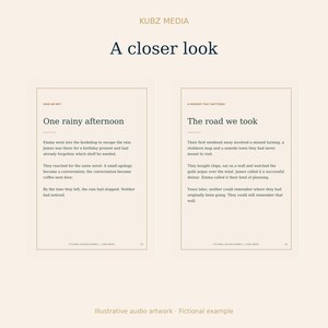 May include: A two-page book layout titled A closer look by KUBZ MEDIA. The left page, titled One rainy afternoon, describes a meeting in a bookshop. The right page, titled The road we took, recounts a trip. Both pages feature black text on a cream background.
