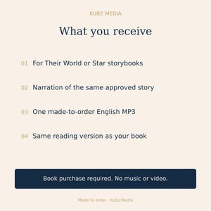 Puede incluir: Un gr&aacute;fico informativo de color claro de Kubz Media titulado What you receive. Enumera cuatro puntos: For Their World or Star storybooks, Narration of the same approved story, One made-to-order English MP3 y Same reading version as your book.