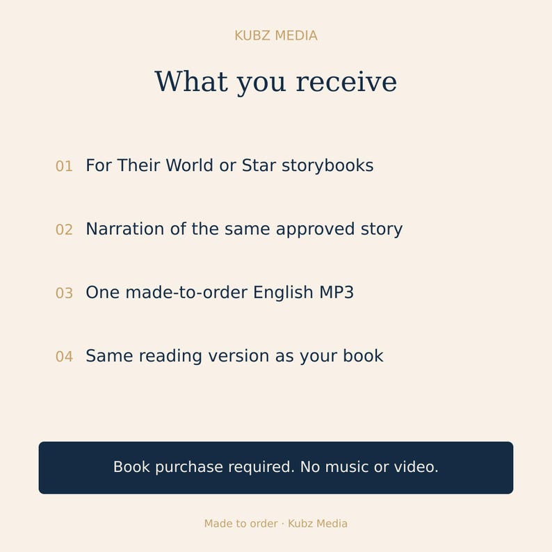 Puede incluir: Un gr&aacute;fico informativo de color claro de Kubz Media titulado What you receive. Enumera cuatro puntos: For Their World or Star storybooks, Narration of the same approved story, One made-to-order English MP3 y Same reading version as your book.
