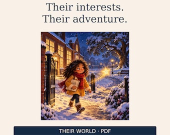 May include: A digital illustration titled Their interests. Their adventure. featuring a child with curly hair in a yellow coat and red scarf walking through a snowy park at night, holding a book, with a glowing star and the text THEIR WORLD PDF.