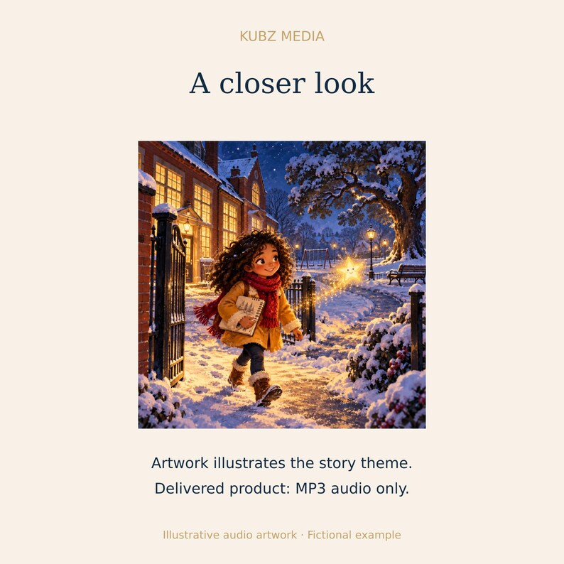 Puede incluir: KUBZ MEDIA A closer look. Una ilustraci&oacute;n de un ni&ntilde;o con cabello rizado, abrigo amarillo y bufanda roja caminando por un parque nevado de noche, sosteniendo un libro. Una estrella brillante flota cerca. Texto: Artwork illustrates the story theme. Delivered product: MP3 audio only. Illustrative audio artwork Fictional example.
