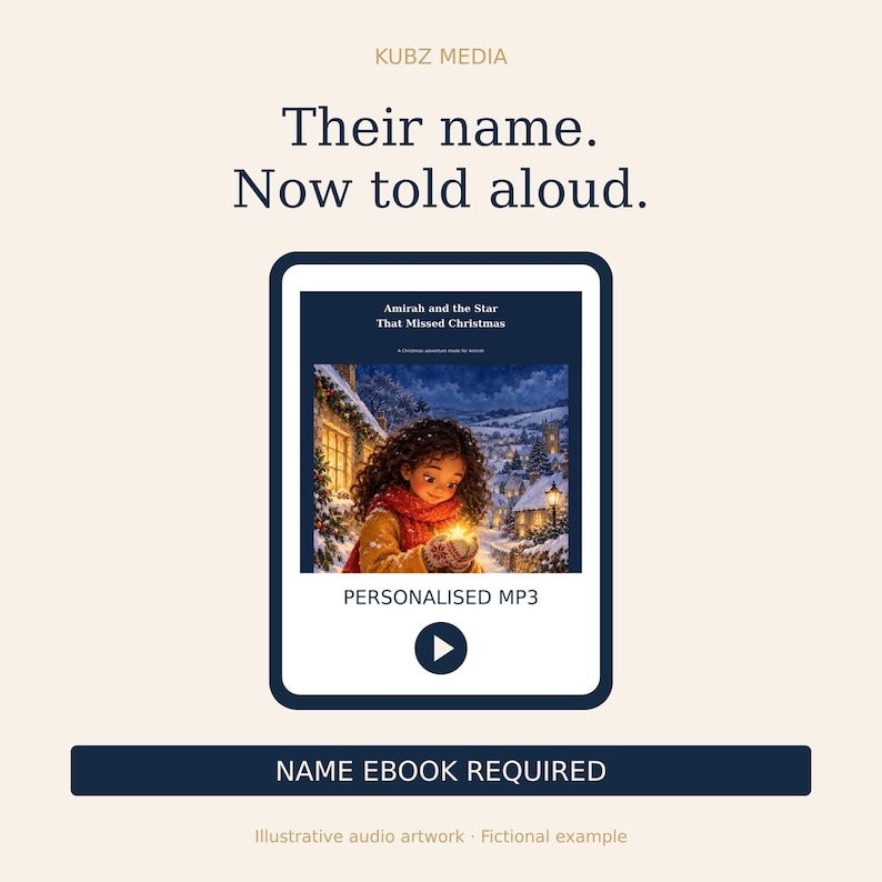 May include: A digital display featuring the text KUBZ MEDIA, Their name. Now told aloud., and NAME EBOOK REQUIRED. The central graphic shows a child in a winter scene holding a glowing star, titled Amirah and the Star That Missed Christmas, labeled PERSONALISED MP3 with a play button icon.