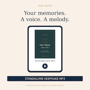 May include: A digital graphic featuring the text KUBZ MEDIA, Your memories. A voice. A melody. Below is a dark green rectangular frame containing two overlapping circles, the text Our Story, Emma & James, and PERSONALISED MP3 with a play icon.
