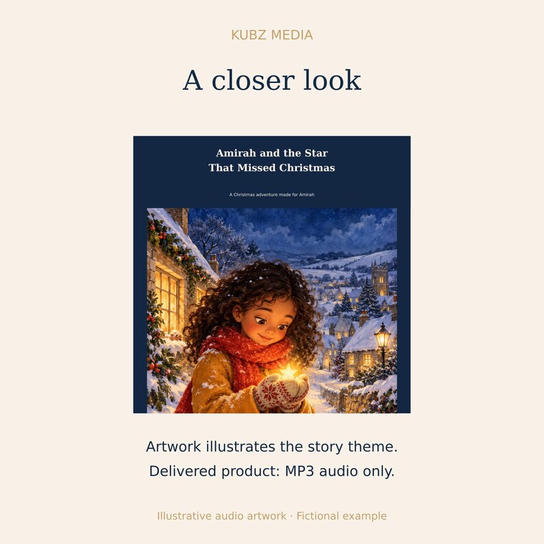 May include: A digital cover art titled Amirah and the Star That Missed Christmas, A Christmas adventure made for Amirah. It features a child with curly hair, a yellow coat, and a red scarf holding a glowing star in a snowy village setting.
