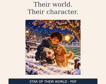 May include: A digital illustration titled KUBZ MEDIA, Their world. Their character. STAR OF THEIR WORLD · PDF. It depicts a child in a dark blue coat and green scarf kneeling in snow with a golden puppy and a soccer ball. A glowing star floats above a tree in a park setting.