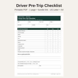 May include: A digital Driver Pre-Trip Checklist document featuring a dark green header with white text. The form includes fields for date, driver, truck, trailer, odometer, location, and time, followed by a grid for inspection items.
