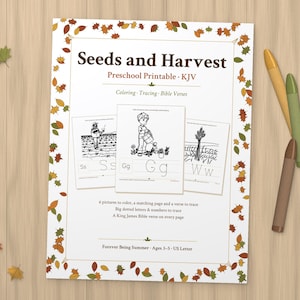 Könnte beinhalten: Ein Vorschul-Arbeitsblatt mit dem Titel Seeds and Harvest und einem Rand aus Herbstblättern. Das Dokument enthält Malvorlagen, Nachspurübungen und Bibelverse mit schwarz-weißen Illustrationen eines Bauern und Gartenmotiven.