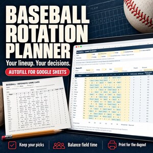 Könnte beinhalten: Ein digitaler Baseball-Rotationsplaner für Google Sheets auf einem Tablet-Bildschirm neben einer ausgedruckten defensiven Spielkarte und einem gelben Bleistift. Der Text lautet BASEBALL ROTATION PLANNER, Your lineup. Your decisions. AUTOFILL FOR GOOGLE SHEETS.