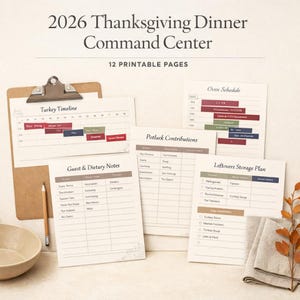 2026 Thanksgiving Middag Command Center Kalkon Tidslinje, Ugnsschema, Potluck Tracker Värdchecklista