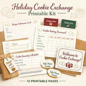 Kit imprimível para troca de biscoitos de Natal: cartões de receitas, etiquetas de alérgenos, fichas de avaliação de degustação e etiquetas para levar para casa.