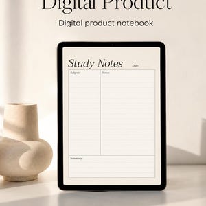 Może przedstawiać: Tablet wyświetlający cyfrowy szablon notatek do nauki z tekstem Study Notes, Date, Subject, Notes oraz Summary. Ekran ma białe tło z czarnymi liniami i tekstem, podzielony na sekcje służące do uporządkowania materiałów akademickich.