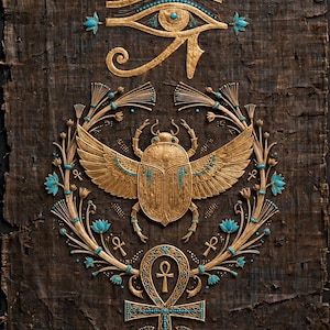 May include: A dark brown textured papyrus sheet featuring a gold-colored winged scarab beetle at the center, surrounded by a wreath of lotus flowers and ankh symbols. Above is the Eye of Horus, and below is a large ankh, all accented with turquoise.
