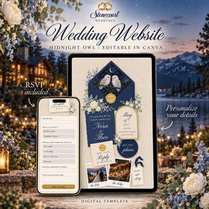 Può includere: Un modello di sito web per matrimoni digitale visualizzato su tablet e smartphone, con una busta blu navy con due gufi, accenti floreali e testo che include "Nora & Theo", "May 9th 2027" e "RSVP included" per la personalizzazione.