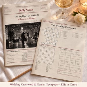 Modello di giornale con cruciverba per matrimoni, ricerca di parole personalizzata e bingo per gli ospiti, giochi per matrimoni modificabili su Canva