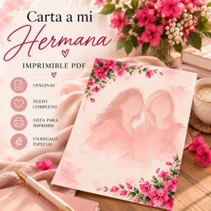 Könnte beinhalten: Ein druckbarer PDF-Brief mit dem Titel Carta a mi Hermana, der eine Aquarellillustration von zwei Silhouetten zeigt, umgeben von rosa Bougainvillea-Blüten. Das Dokument enthält Textsymbole für 5 Seiten, vollständigen Text, Druckformat und ein Geschenk.