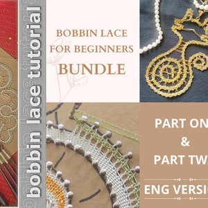 May include: A bundle of bobbin lace tutorials for beginners, featuring a close-up of a lace pattern being made, a gold cat-shaped lace piece, and the text "Bobbin Lace for Beginners Bundle, Part One & Part Two, Eng Version".