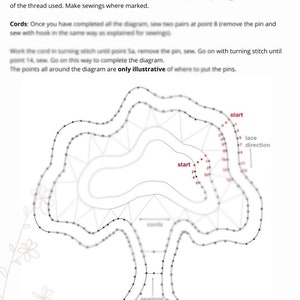 Może przedstawiać: Czarno-biały schemat drzewa z instrukcjami do wzoru koronki klockowej. Tekst brzmi "Pattern for practice: little tree" i "Cords: Once you have completed all the diagram, sew two pairs at point 8 (remove the pin and sew with hook in the same way as explained for sewings)."