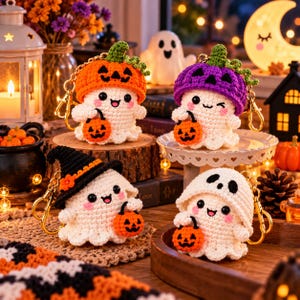 May include: Four crocheted ghost keychains with Halloween themes. One wears an orange pumpkin hat, one a purple pumpkin hat, one a black witch hat, and one a white ghost hood. Each ghost holds a small orange crocheted pumpkin basket.
