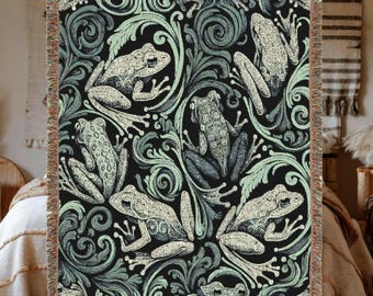 Manta tejida con ranas, estilo rústico campestre, tapiz de ranas, manta vintage de ranas, rana y sapo, decoración Dark Academia