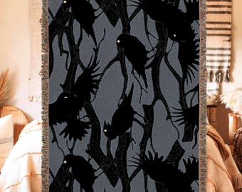 Kråka Korpen Vävd Filt, Kråka Korpen Whimsigoth Gobeläng, Mörk Cottagecore Dekor, Häxdekor, Mörk Academia Överkast, Häxestetisk Gåva