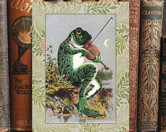 Frog with Violin Vintage Print | Cottagecore Poster | Botanical Wall Art | Whimsical Toad Print