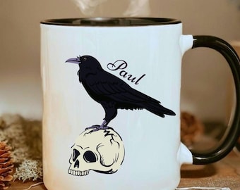 Personalized Raven Skull Mug, Gothic Bird Lover Gift