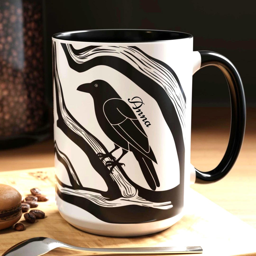 Personalized Raven Coffee Mug, Black Bird Coffee Cup, Witchy Gifts