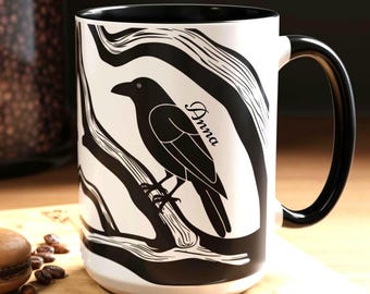 Personalized Raven Coffee Mug, Black Bird Coffee Cup, Witchy Gifts, Dark Aesthetic Kitchen Decor, Nature Bird Lover Cup, Unique Tea Mug