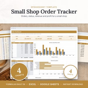 May include: A digital spreadsheet template titled Small Shop Order Tracker for managing orders, status, revenue, and profit. The interface displays an order dashboard with summary metrics, a monthly revenue and profit bar chart, and product sales data.